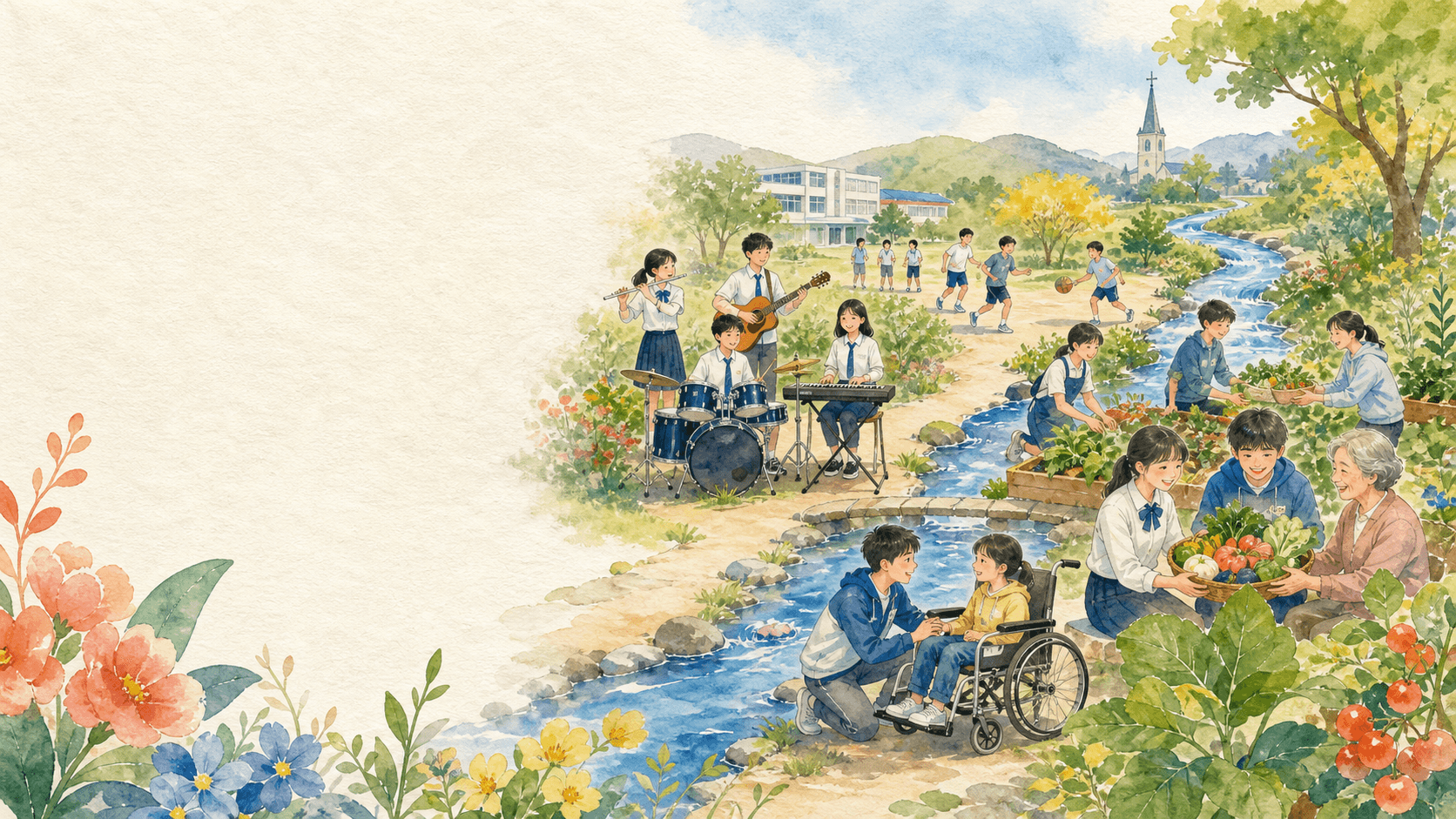 음악과 운동을 즐기고 이웃과 수확을 나누며 섬기는 학생들의 수채화 일러스트